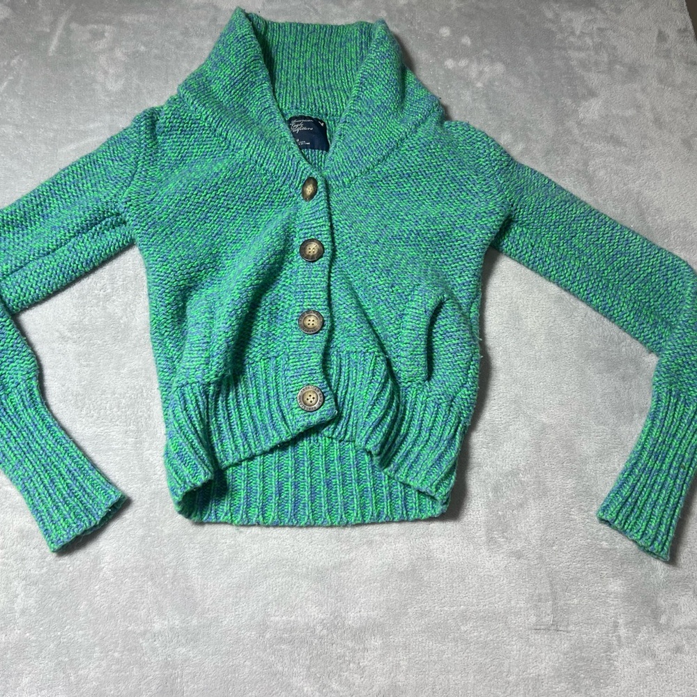 American Eagle Outfitters Cardigan w Pockets Knit Blue Green Warm Wool Blend M